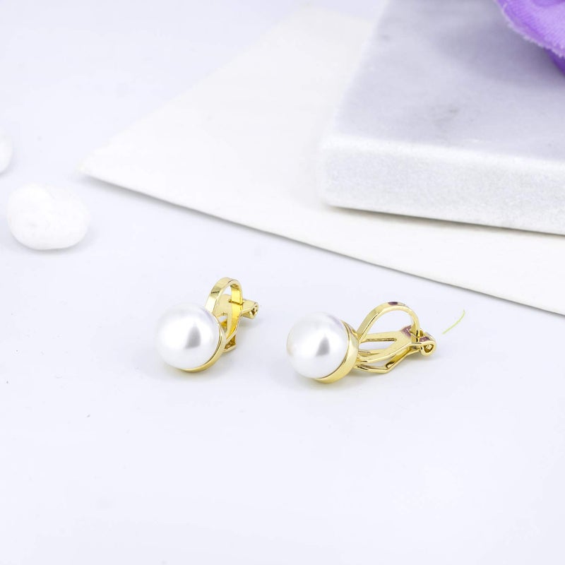 YOQUCOL 8mm White Simulated Freshwater Pearl Golden Tone Clip On Earrings Not Pierced Elegant Stud For Women - Image 5
